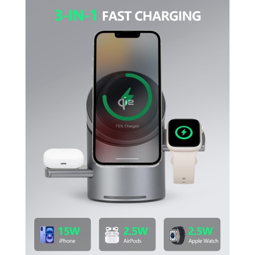 3 in 1 Auto Rotation Wireless Charging Station for Apple Devices, Mag-Safe Wireless Charging Stand, Qi2 15W Wireless Charging Station