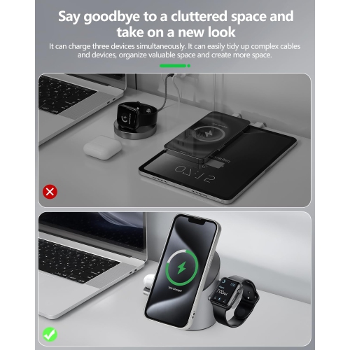 3 in 1 Auto Rotation Wireless Charging Station for Apple Devices, Mag-Safe Wireless Charging Stand, Qi2 15W Wireless Charging Station