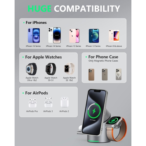 3 in 1 Auto Rotation Wireless Charging Station for Apple Devices, Mag-Safe Wireless Charging Stand, Qi2 15W Wireless Charging Station