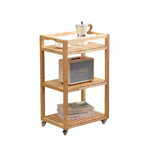 3 Tier Rolling Storage Shelf, Solid Wood Utility Cart with Wheels for Home, Living Room, Bathroom, Kitchen