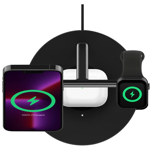 Refurbished Belkin MagSafe 3-in-1 Wireless Charging Stand for iPhone 15/14/13/12, Apple Watch & AirPods - Black