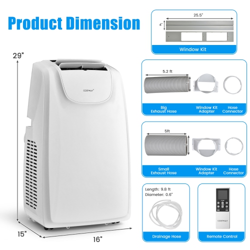 Costway 12,000 BTU Portable Air Conditioner, with Dual Hose, Remote Control, Powerful AC Unit Rooms up to 400 Sq.Ft. with Dehumidifier, Fan, Sleep