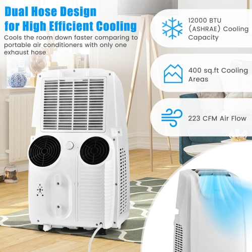 Costway 12,000 BTU Portable Air Conditioner, with Dual Hose, Remote Control, Powerful AC Unit Rooms up to 400 Sq.Ft. with Dehumidifier, Fan, Sleep