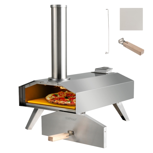 Costway Outdoor Pizza Oven Portable Stainless Steel Wood Pellet Pizza Stove with 12” Pizza Stone, Foldable Wood Fired Pizza Maker for Outdoor Cooking