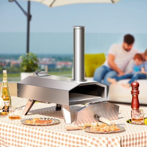 Costway Outdoor Pizza Oven Portable Stainless Steel Wood Pellet Pizza Stove with 12” Pizza Stone, Foldable Wood Fired Pizza Maker for Outdoor Cooking