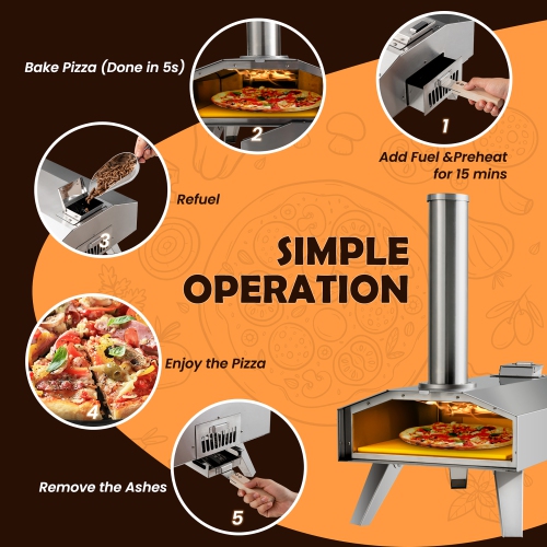 Costway Outdoor Pizza Oven Portable Stainless Steel Wood Pellet Pizza Stove with 12” Pizza Stone, Foldable Wood Fired Pizza Maker for Outdoor Cooking