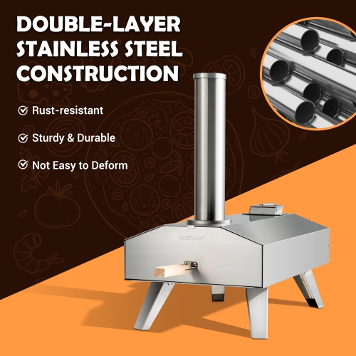 Costway Outdoor Pizza Oven Portable Stainless Steel Wood Pellet Pizza Stove with 12” Pizza Stone, Foldable Wood Fired Pizza Maker for Outdoor Cooking