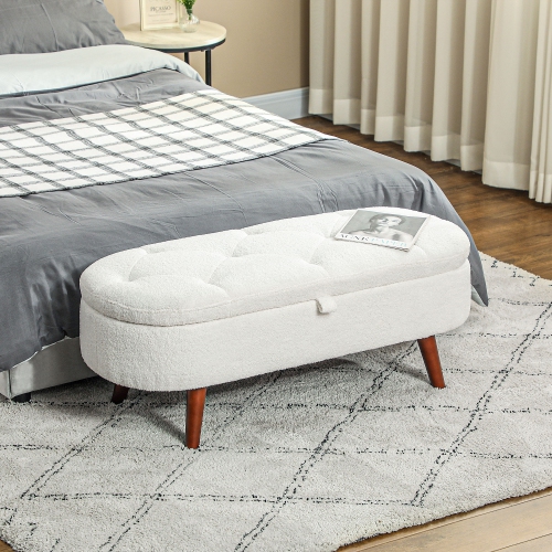 HOMCOM Boucle Storage Ottoman Bench, Tufted Teddy Fleece Bedroom Bench with Storage and Hinged Lid, 46 Inches Oval Foot Stool with Wood Legs for