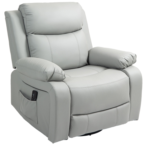 HOMCOM Swivel Rocker Recliner Chair for Living Room, PU Leather Manual Reclining Chair with 8 Vibration Massage, Remote Control, and Side Pockets, Li
