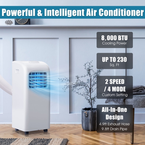 Costway 8,000 BTU Portable Air Conditioner with Remote Control, Energy Efficient, Cooling, Dehumidifying, Fanning, Sleeping Mode, Time Settings,