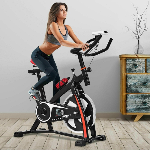 Costway Exercise Bike, Indoor Cycling Bike with LCD Monitor & Heart Sensor, Comfortable Seat Cushion, and Multi-grips Handlebar for Home Training &