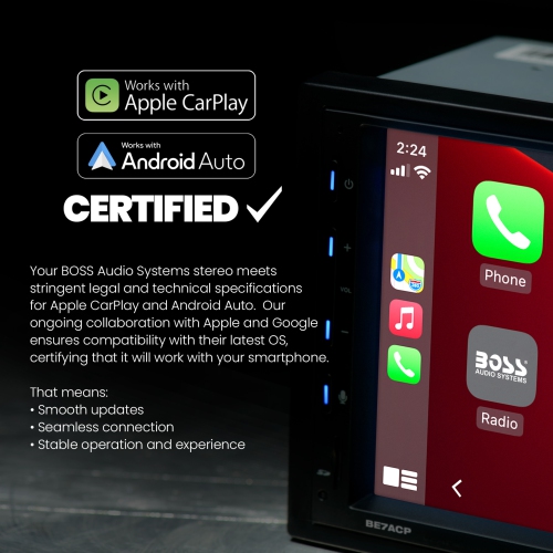 BOSS Audio Systems Elite BE7ACP.WXC stéréo auto double DIN sans fil Apple CarPlay Android Auto, écran tactile 7 po, compatible Sirius XM,