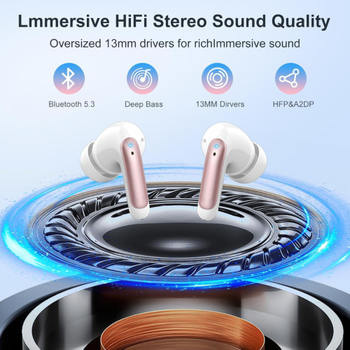 Wireless Earbuds, Headphones Bluetooth 5.3 with HiFi Stereo Sound, Bluetooth Earbuds with 4 ENC Noise Canceling Mics, 56 Hrs Playtime in Ear