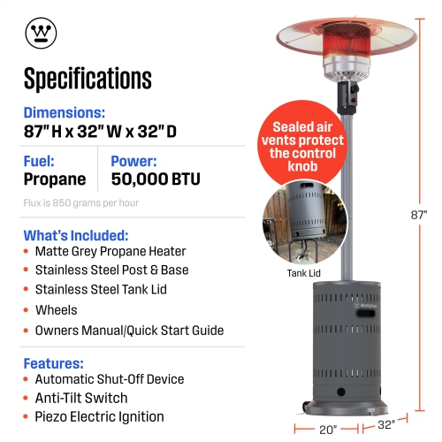Radiateur de patio au propane en acier inoxydable de style champignon gris mat de Westinghouse