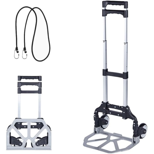 Folding Hand Truck Portable Folding Hand Cart Aluminum Dolly Cart Push Truck Trolley Maximum Load 175 lbs, with Black Bungee Cord, Telescoping Handle