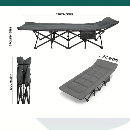 Folding Camping Cot with Cushion, Large Pocket Portable Camp Bed Cots with Carry Bag, Max Load 550 LBS, for Camping, BBQ, Hiking, Backpacking, Beach,