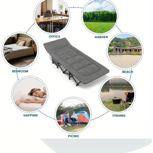 Folding Camping Cot with Cushion, Large Pocket Portable Camp Bed Cots with Carry Bag, Max Load 550 LBS, for Camping, BBQ, Hiking, Backpacking, Beach,