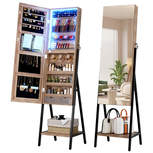 Image 1 de 10.. Vlsrka – Armoire à bijoux miroir à 3 DEL, miroir à bijoux pleine longueur de 60,4&nbsp;po, armoire à bijoux verrouillable debout, miroir de plancher
