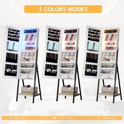 Vlsrka 3 LEDs Mirror Jewelry Cabinet, 60.4" Jewelry Mirror Full Length, Standing Lockable Jewelry Armoire Organizer, Floor Mirror with Storage for