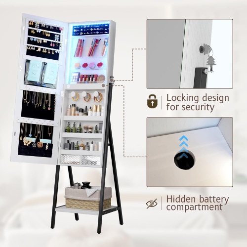 Vlsrka 3 LEDs Mirror Jewelry Cabinet, 60.4" Jewelry Mirror Full Length, Standing Lockable Jewelry Armoire Organizer, Floor Mirror with Storage for