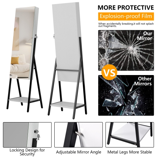 Vlsrka 3 LEDs Mirror Jewelry Cabinet, 60.4" Jewelry Mirror Full Length, Standing Lockable Jewelry Armoire Organizer, Floor Mirror with Storage for