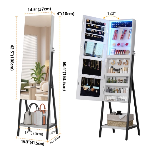 Vlsrka 3 LEDs Mirror Jewelry Cabinet, 60.4" Jewelry Mirror Full Length, Standing Lockable Jewelry Armoire Organizer, Floor Mirror with Storage for