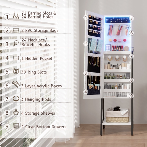 Vlsrka 3 LEDs Mirror Jewelry Cabinet, 60.4" Jewelry Mirror Full Length, Standing Lockable Jewelry Armoire Organizer, Floor Mirror with Storage for
