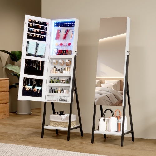 Vlsrka 3 LEDs Mirror Jewelry Cabinet, 60.4" Jewelry Mirror Full Length, Standing Lockable Jewelry Armoire Organizer, Floor Mirror with Storage for