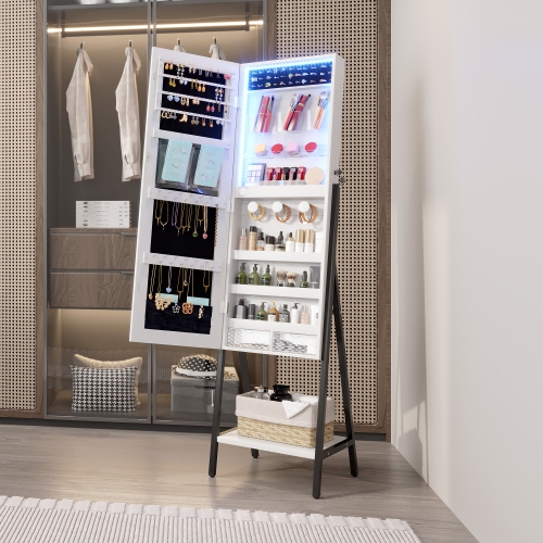 Vlsrka 3 LEDs Mirror Jewelry Cabinet, 60.4" Jewelry Mirror Full Length, Standing Lockable Jewelry Armoire Organizer, Floor Mirror with Storage for