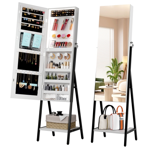 Vlsrka 3 LEDs Mirror Jewelry Cabinet, 60.4" Jewelry Mirror Full Length, Standing Lockable Jewelry Armoire Organizer, Floor Mirror with Storage for