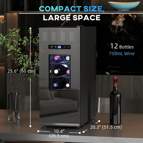 HOMCOM 10 Inch Wine Cooler Refrigerator, 12 Bottle, Freestanding Wine Fridge with Glass Door, LED Digital Temperature Control, Quiet Wine Cellar