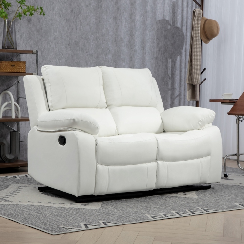 HOMCOM Double Reclining Loveseat, PU Leather Manual Recliner Sofa Chair with Pullback Control Footrest for Living Room, White