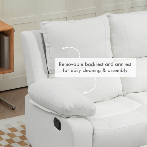 HOMCOM Double Reclining Loveseat, PU Leather Manual Recliner Sofa Chair with Pullback Control Footrest for Living Room, White