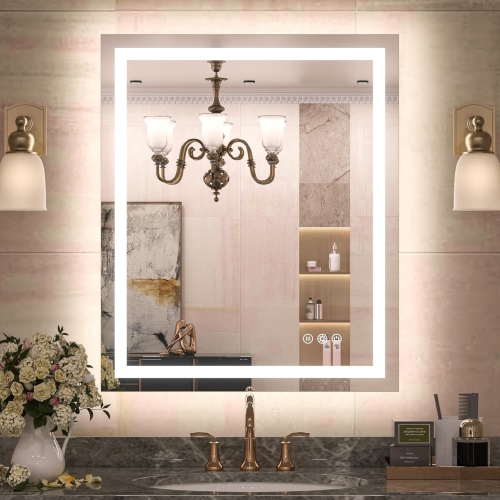 NIERBO  Led Bathroom Mirror \w Lights 30 X 36 Frontlit & Backlit Vanity Mirror Anti Fog Stepless Dimmable 3 Colors White/warm/natural, Double Lights