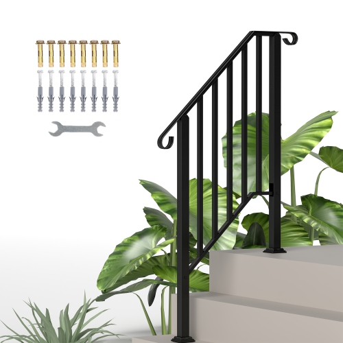 Outsunny Handrails for Outdoor Steps, 2-3 Step Outdoor Stair Railing, Metal Handrail with Installation Kit, Flexible Hand Rail for Deck Porch Wood Co