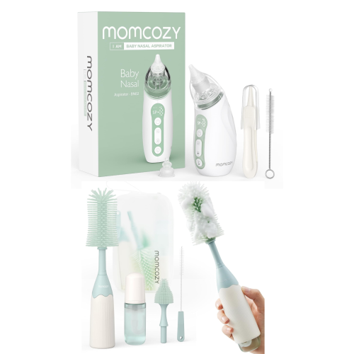 Momcozy Baby Nasal Aspirator, 3 Suction Levels Electric with Light Soothing and Music & Momcozy Bottle Brush Kit, Innovative Push-Press Design for Be