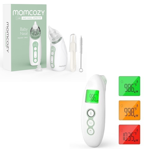 Momcozy Baby Nasal Aspirator, 3 Suction Levels Electric with Light Soothing and Music & Momcozy Non-Contact Forehead and Ear Thermometer, Mute and Me