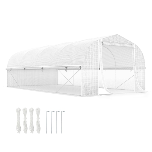 Greenhouse en tunnel avec flancs enroulables en filet Outsunny, 19,5' x 10' x 6,6', porte en filet, 8 fenêtres, tente extérieure Green House Hot