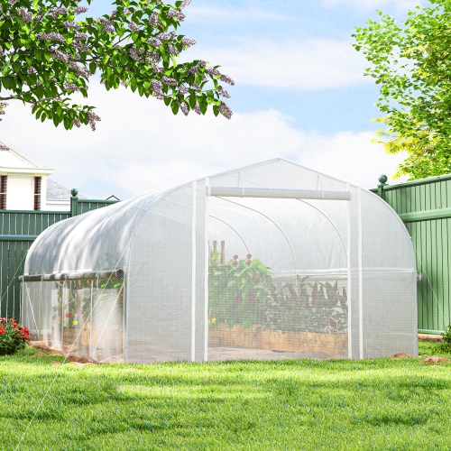 Greenhouse en tunnel avec flancs enroulables en filet Outsunny, 19,5' x 10' x 6,6', porte en filet, 8 fenêtres, tente extérieure Green House Hot