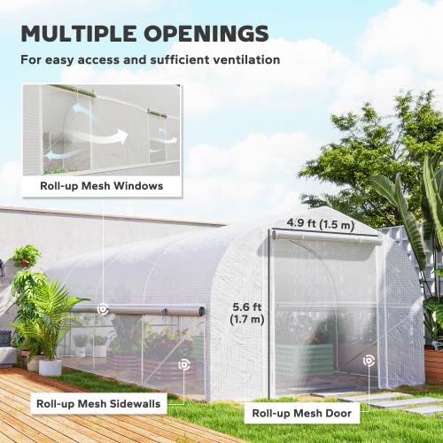 Greenhouse en tunnel avec flancs enroulables en filet Outsunny, 19,5' x 10' x 6,6', porte en filet, 8 fenêtres, tente extérieure Green House Hot