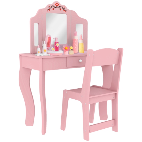 Qaba Kids Vanity Set, Dual-Use Dressing Table with Removable Tri-Folding Mirror, Makeup Table with Stool and Drawer, for Ages 3-8, Pink