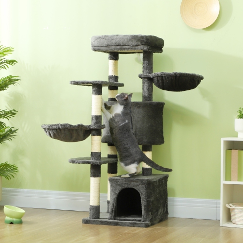 PawHut 52.5" Cat Tree, Cat Tower for Indoor Cats with Scratching Posts, Cat Condos, Bed, Platforms, Hammocks, Cat Activity Center, Dark Grey