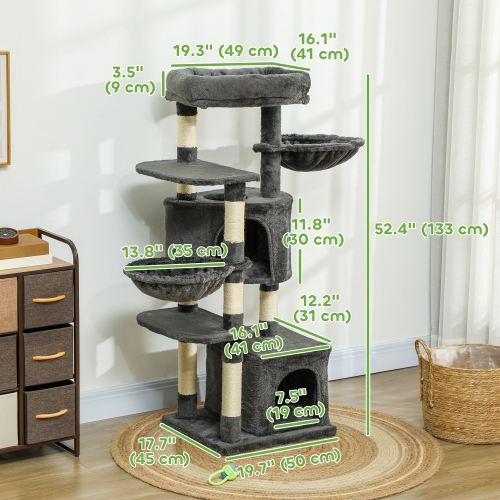 PawHut 52.5" Cat Tree, Cat Tower for Indoor Cats with Scratching Posts, Cat Condos, Bed, Platforms, Hammocks, Cat Activity Center, Dark Grey