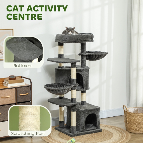 PawHut 52.5" Cat Tree, Cat Tower for Indoor Cats with Scratching Posts, Cat Condos, Bed, Platforms, Hammocks, Cat Activity Center, Dark Grey