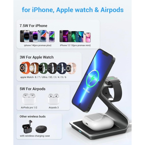 3 in 1 Wireless Charger for MagSafe, Aluminum Alloy Wireless Charging Station, Compatible with iPhone 14/13/12, Apple Watch, AirPods Pro/3/2(White)