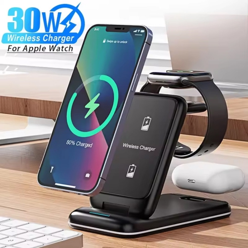 3 in 1 Foldable 30W Fast Wireless Charger Stand For iPhone 16 15 14 13 12 11 Apple Watch 8 7 6 Airpods Pro Charging Dock Station(White)