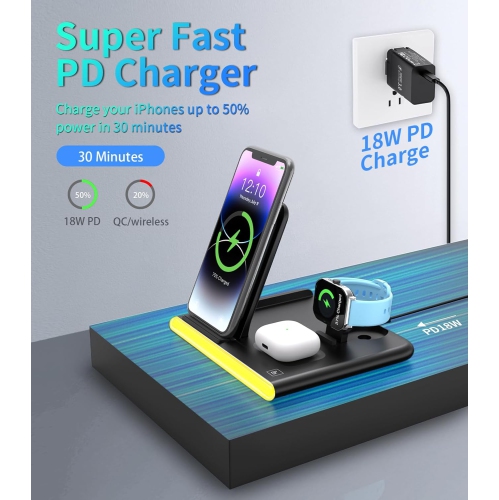 4 in 1 Wireless Charging Station for Apple iPhone 11 12 13 14 15, Galaxy S9 10 21 22 23, Apple Watch 2 3 4 5 6 7 SE, AirPods