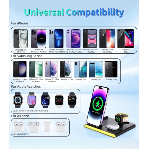 4 in 1 Wireless Charging Station for Apple iPhone 11 12 13 14 15, Galaxy S9 10 21 22 23, Apple Watch 2 3 4 5 6 7 SE, AirPods