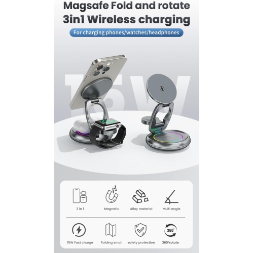 Metal 3 in 1 for Apple Magsafe Magnetic Wireless Charger Folding Stand for iPhone16 iPhone15 pro max Ultra S8 AirPods Pro