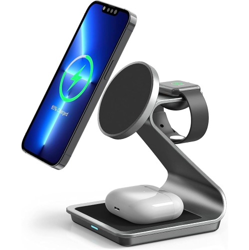 YOULIGHTS  3 In 1 Wireless Charger for Magsafe, Aluminum Alloy Wireless Charging Station, Compatible \w Iphone 14/13/12, Apple Watch, Airpods